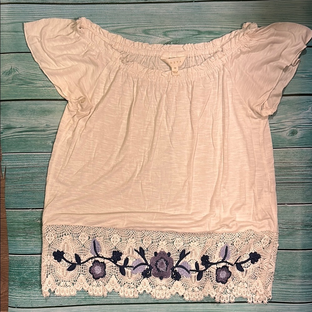 Adiva Cream Blouse with Blue Lace Detail